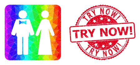 Red round corroded TRY NOW! stamp and lowpoly just married persons icon with spectral colorful gradient.のイラスト素材