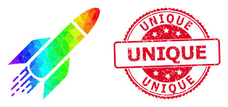 Red round textured UNIQUE seal and low-poly rocket icon with spectrum colorful gradient. Triangulated spectral vibrant rocket polygonal symbol illustration with Unique scratched round red badge.のイラスト素材