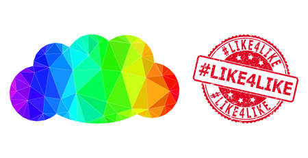Red round scratched #LIKE4LIKE seal and low-poly cloud icon with rainbow vibrant gradient. Triangulated spectrum vibrant cloud polygonal 2d illustration. and #Like4Like scratched round red seal print.のイラスト素材