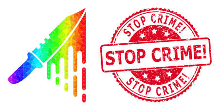 Red round textured STOP CRIME! badge and low-poly blood knife icon with spectral colored gradient.のイラスト素材