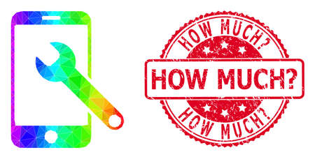 Red round dirty HOW MUCH? stamp and lowpoly smartphone repair icon with spectrum colored gradient.のイラスト素材