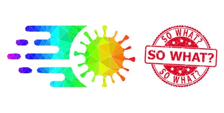 Red round rubber SO WHAT? stamp seal and lowpoly rush virus icon with spectrum vibrant gradient.のイラスト素材