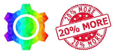 Red round rubber 20% MORE seal and low-poly gear icon with rainbow colorful gradient. Triangulated spectrum colorful gear polygonal 2d illustration with 20% More rubber round red seal.のイラスト素材