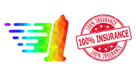 Red round rubber 100% INSURANCE seal and lowpoly condom icon with spectrum colorful gradient. Triangulated spectrum vibrant condom polygonal icon illustration.のイラスト素材