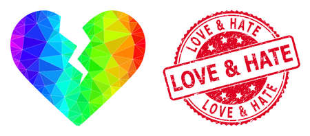 Red round dirty LOVE & HATE seal and lowpoly divorce heart icon with spectrum colored gradient. Triangulated spectrum colored divorce heart polygonal icon illustration.のイラスト素材