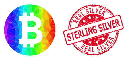 Red round unclean REAL SILVER STERLING SILVER stamp and lowpoly bitcoin coin icon with spectrum colored gradient.のイラスト素材