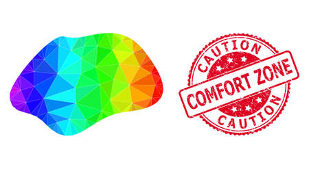 Red round grunge CAUTION COMFORT ZONE stamp and lowpoly spot simple icon with spectrum colored gradient.のイラスト素材