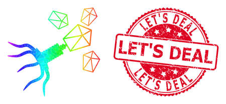 Red round scratched LETS DEAL badge and low-poly virus replication icon with spectrum colorful gradient.のイラスト素材