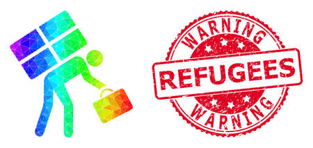 Red round corroded WARNING REFUGEES badge and lowpoly refugee person icon with spectrum vibrant gradient. Triangulated spectrum colored refugee person polygonal icon illustration.のイラスト素材