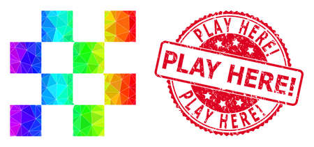 Red round corroded PLAY HERE! stamp seal and lowpoly chess cells icon with spectrum colorful gradient.のイラスト素材