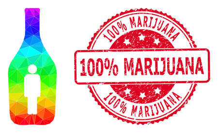 Red round dirty 100% MARIJUANA stamp and lowpoly alcoholic person icon with spectral colored gradient. Triangulated spectral colored alcoholic person polygonal icon illustration.のイラスト素材