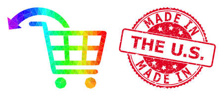 Red round unclean MADE IN THE U.S. badge and low-poly undo shopping order icon with spectrum vibrant gradient. Triangulated spectrum vibrant undo shopping order polygonal icon illustration.のイラスト素材
