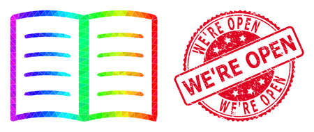 Red round rubber WERE OPEN badge and low-poly open book icon with spectrum vibrant gradient.のイラスト素材