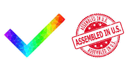 Red round corroded ASSEMBLED IN U.S. badge and lowpoly yes tick icon with spectrum colorful gradient. Triangulated spectral colorful yes tick polygonal icon illustration. and Assembled in U.S.のイラスト素材