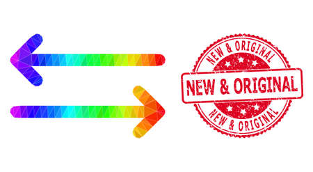 Red round dirty NEW & ORIGINAL stamp seal and lowpoly flip arrows horizontally icon with rainbow colorful gradient. Triangulated spectrum colored flip arrows horizontally polygonal icon illustration.のイラスト素材