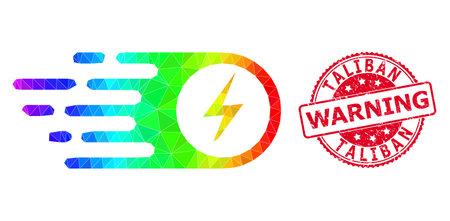 Red round corroded TALIBAN WARNING seal and lowpoly electrical strike icon with spectral vibrant gradient.のイラスト素材