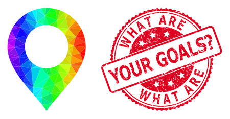 Red round grunge WHAT ARE YOUR GOALS? stamp and low-poly map mark icon with rainbow vibrant gradient.のイラスト素材