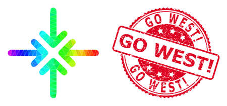 Red round rubber GO WEST! stamp seal and lowpoly collapse arrows icon with rainbow colorful gradient. Triangulated rainbow colorful collapse arrows polygonal symbol illustration.のイラスト素材