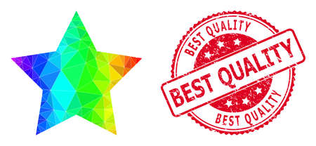 Red round scratched BEST QUALITY stamp seal and lowpoly red star icon with spectral colored gradient.のイラスト素材