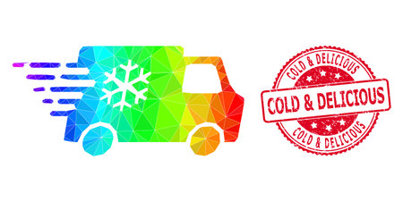 Red round textured COLD & DELICIOUS badge and lowpoly refrigerator car icon with spectral colorful gradient. Triangulated spectral colored refrigerator car polygonal symbol illustration.のイラスト素材