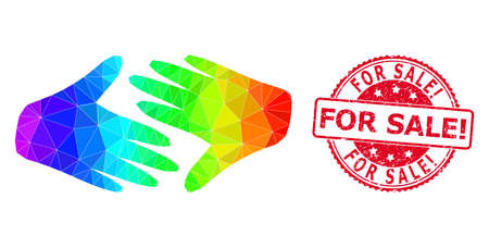 Red round grunge FOR SALE! badge and low-poly fair trade handshake icon with spectrum colored gradient.のイラスト素材