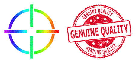 Red round textured GENUINE QUALITY stamp seal and low-poly target icon with spectrum colored gradient.のイラスト素材