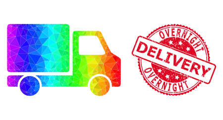 Red round grunge OVERNIGHT DELIVERY stamp seal and low-poly delivery car icon with spectral colored gradient. Triangulated rainbow colored delivery car polygonal icon illustration.のイラスト素材