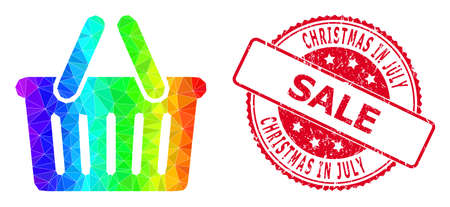 Red round textured CHRISTMAS IN JULY SALE stamp seal and lowpoly shopping basket icon with spectral colorful gradient. Triangulated spectrum colorful shopping basket polygonal 2d illustration.のイラスト素材
