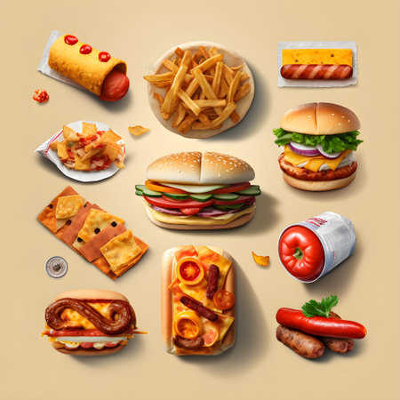 Big set of fast food isolated on beige background. Top view, Fast food Delicious Dash Indulgence on the Go.Generative AI illustration.の素材