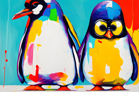 Penguins painted with oil paints on a blue background.の素材