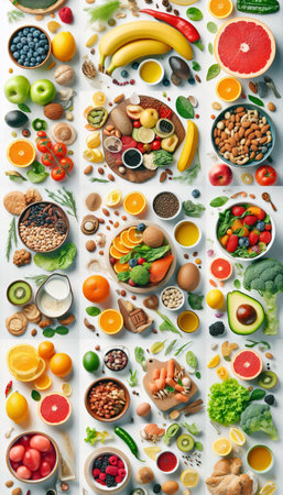 Healthy food collage. Fruits, vegetables, cereals, nuts and fruitsの素材
