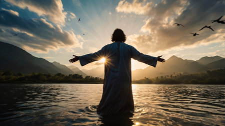 Woman with arms outstretched standing in the water and enjoying the sunset.の素材