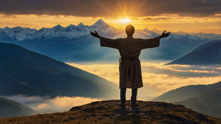 Silhouette of a man standing on the top of the mountain with his hands raised up and looking at the sunsetの素材