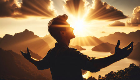 Handsome young man standing with arms outstretched on top of a mountain during sunsetの素材
