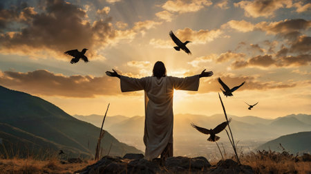 Jesus Christ with a flock of birds at sunset in the mountains.の素材