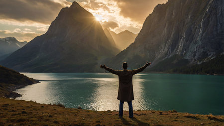 Handsome man with open arms standing on top of a mountain and looking at the lakeの素材