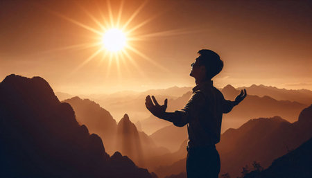Silhouette of a man praying in the mountains at sunset.の素材