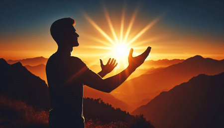 Man praying against scenic view of mountains and sun shining in the skyの素材