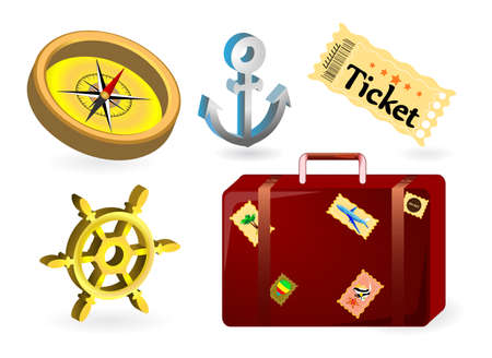 Set icons adventure and cruise ship  ticket, compass rose, anchor, suitcase, wheelのイラスト素材
