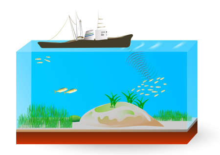 Sonar uses reflected sound waves instead of radio waves as in radar to detect and determine underwater target. のイラスト素材