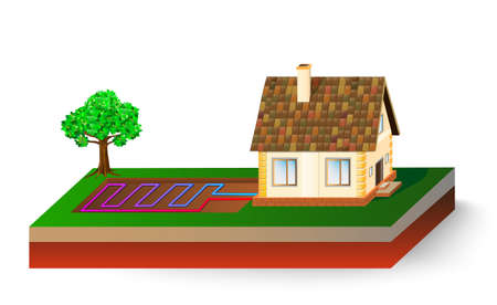 Diagram of a house receiving geothermal energy. Heat pump or Cooling Systemのイラスト素材