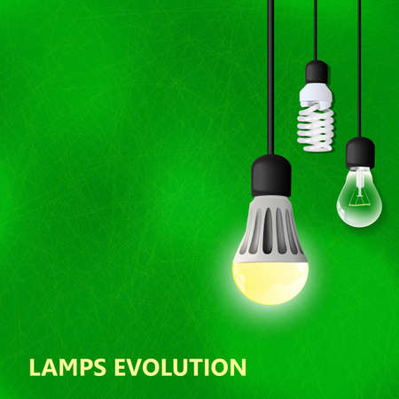Hanging on cords 3 light bulbs with glowing one on a green background. LED lamp, energy saving compact fluorescent lightbulb, and Incandescent light bulb. lamps evolution. Green energyのイラスト素材