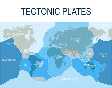Plate tectonics. Earth's lithosphere. Scientific theory. Illustration shows Boundaries of Major (main) and minor plates.  Continental drift.のイラスト素材