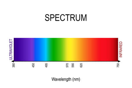 spectrum. visible light, infrared, and ultraviolet. electromagnetic radiation. sunlight color. different types of electromagnetic radiation by their wavelengths. In order of increasing frequency and decreasing wavelength