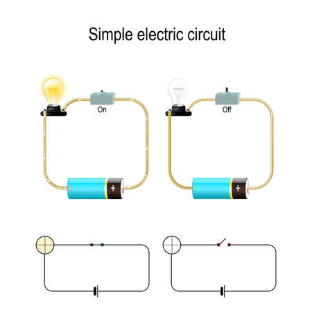 Simple Electric Circuit. Electrical network and lighting lamp. switch, light bulb, wire and battery. vector illustration for physical, educational, and science useのイラスト素材