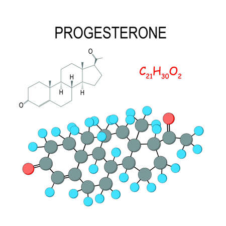 progesterone. Chemical structural formula and model of molecule. C21H30O2. Progesterone is an endogenous steroid hormone that regulate the menstrual cycle and pregnancy. Vector diagram for education, medical, biological, and science use