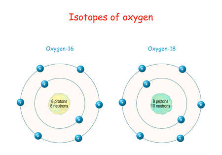 Isotopes of oxygen. structure of Atome. Labeled scheme with particles (protons, neutrons and electrons). vector illustrationのイラスト素材