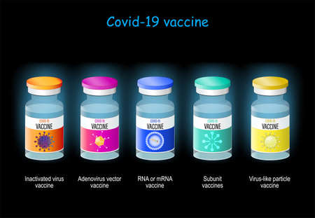 COVID-19 Vaccine types: Adenovirus vector, Inactivated virus, virus-like particle, RNA or mRNA, and Subunit vaccines. coronavirus Vaccination. vials of vaccine against virus SARS â CoV â 2 on dark backgroundのイラスト素材