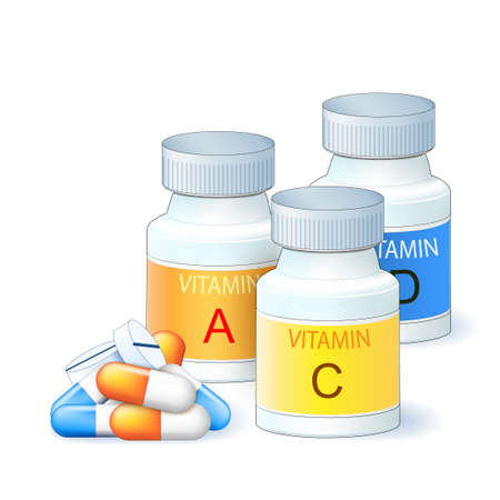 Vitamins, supplements, nutrition pills, capsules and bottles. Medical container for tablets. Drug medication and Essential trace elements collection. Realistic style of Vector illustration easy to edit.のイラスト素材