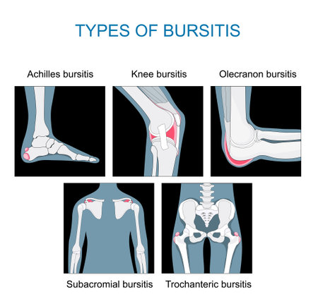 Types of bursitis. inflammation of sacs with synovial fluid. Set icons of Knee, Achilles, hip, elbow and shoulder joints. monochrome flat vector like x-ray illustration.のイラスト素材